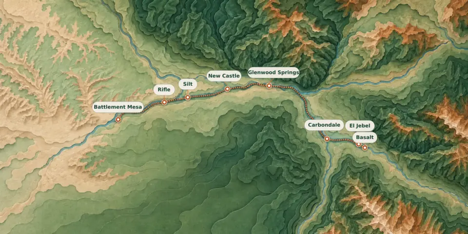 Stylized topographic service-area map showing Elite Electrical Solutions locations from Battlement Mesa to Basalt, Colorado.
